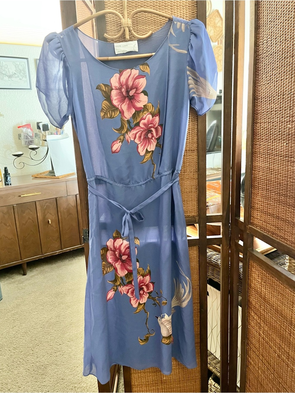 Vintage Purple Floral Midi Dress with Tie Waist
